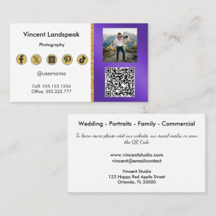 Carte De Visite Photographie violet métallique Photo et code QR