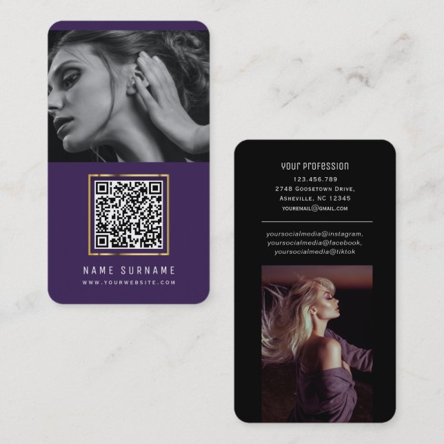 Carte De Visite photos code qr scannable code-barres moderne viole (Devant / Derrière)