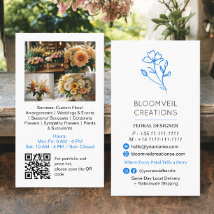 Carte De Visite Photos de fleuriste minimaliste bleu rétro code qr