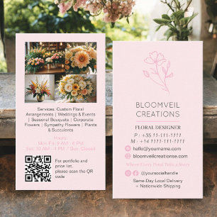 Carte De Visite Photos de fleuriste minimaliste rose vif code qr