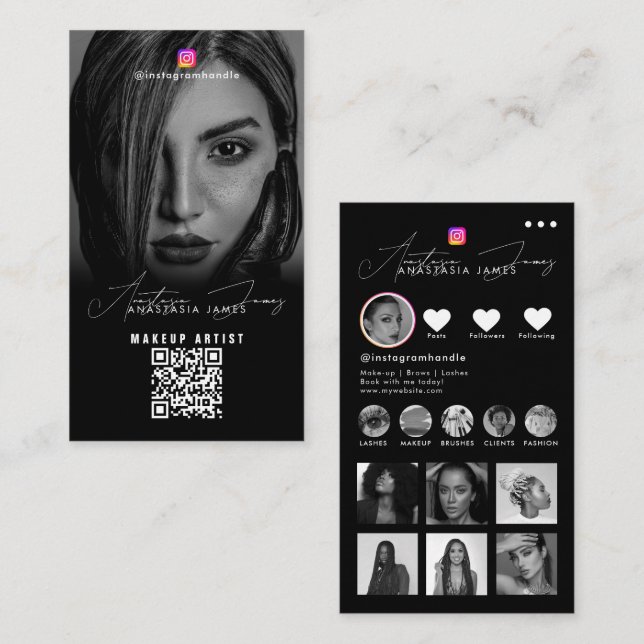 Carte De Visite Photos d'influenceur Noir Blanc Code QR des médias (Devant / Derrière)