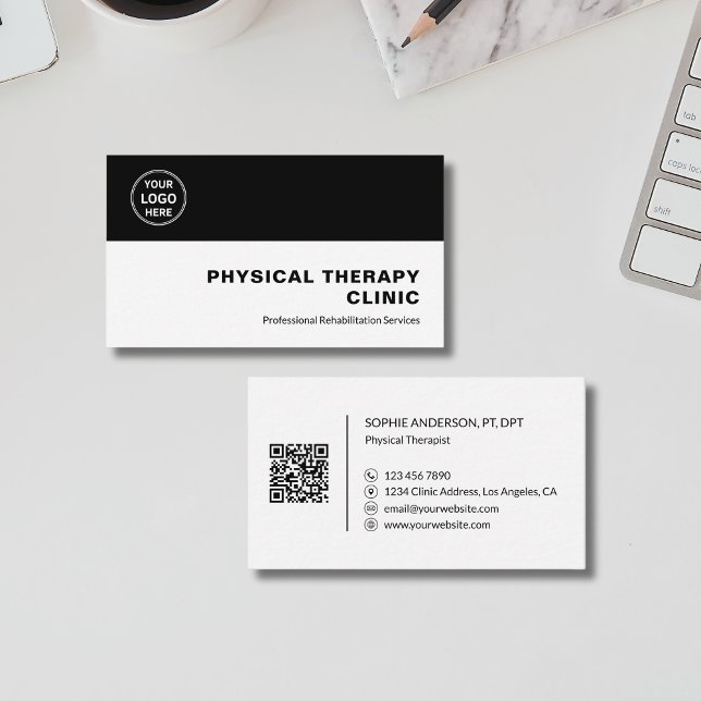 Carte De Visite Physical Therapy Clinic Professional Logo QR Black (Physical Therapy Clinic Professional Logo QR Black Business Card)