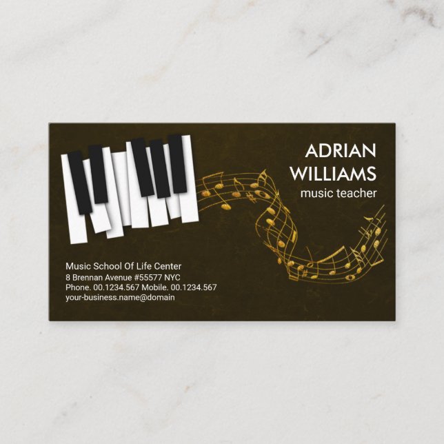 Carte De Visite Piano Keys Floating Gold Music Notes Professeur de (Devant)