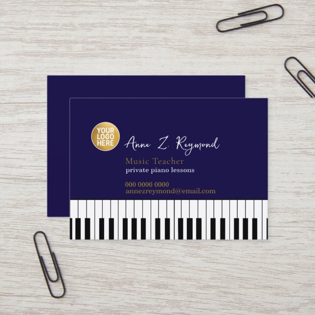 Carte De Visite Piano Music Teacher deep-blue with logo (Devant/Arrière en situation)