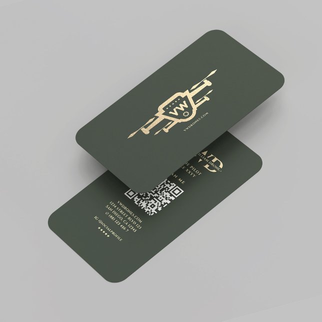 Carte De Visite Pilote de drone moderne Monogramme Or vert (Modern Drone Pilot Monogram Green Gold Professional Elegant Business Card
)