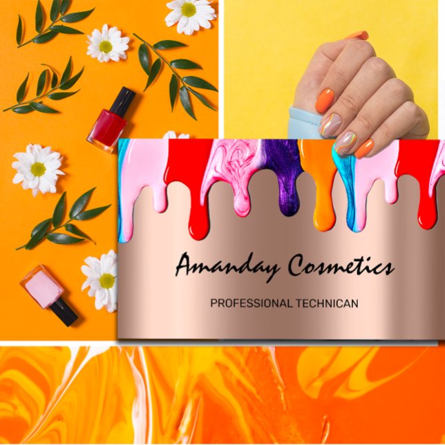 Carte De Visite Pilotes de Rose de technicien professionnel de l'o (Professional Nail Artist Technician Rose Drips Business Card)