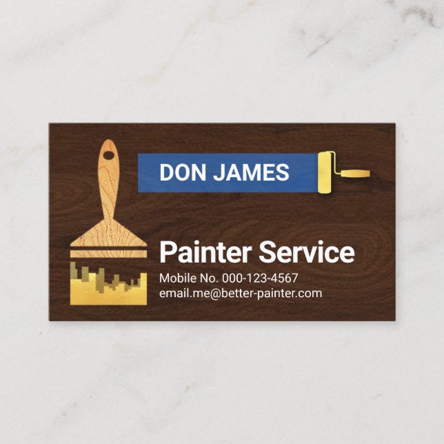 Carte De Visite Pinceau de peinture dorée sur texture de bois (Devant)