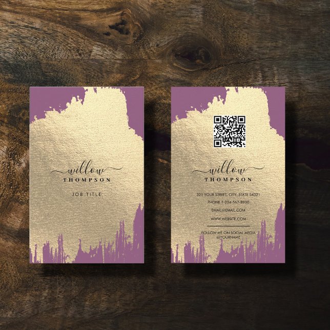 Carte De Visite Pinceau d'huile d'or violet Rose Code QR (Purple Rose Gold Foil Brush Stroke QR Code Business Card)