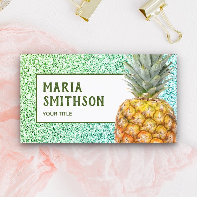 Carte De Visite Pineapple Tropical Faux Vert Pailleté Moderne (Créateur téléchargé)