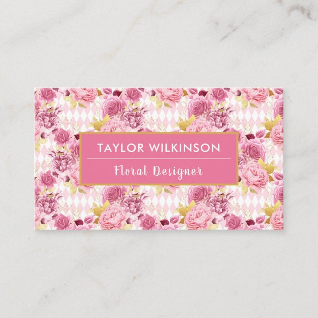 Carte De Visite Pink and Gold Floral Roses with Harlequin Diamonds (Devant)
