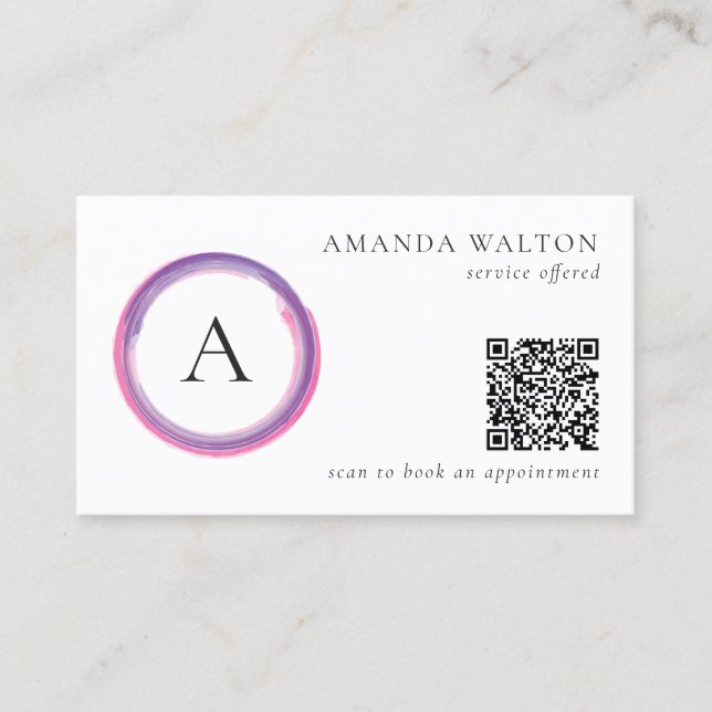 Carte De Visite Pink and Purple Monogram QR Code Modern (Devant)