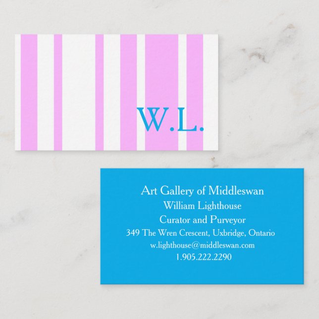 Carte De Visite Pink and White Simple Stripes with Monogram (Devant / Derrière)
