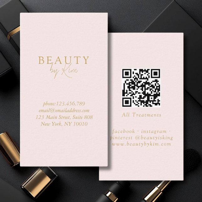 Carte De Visite Pink & Beige-Gold Minimal Élégant, Salon QR Code (Pink & Beige-Gold Minimal Elegant, Salon QR Code Business Card)