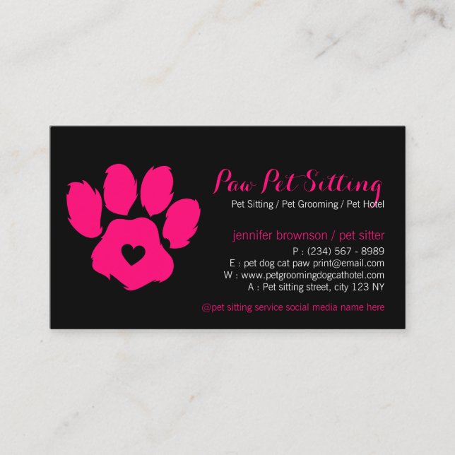 Carte De Visite Pink Black Animal Sitter Social Media Chien Chat P (Devant)