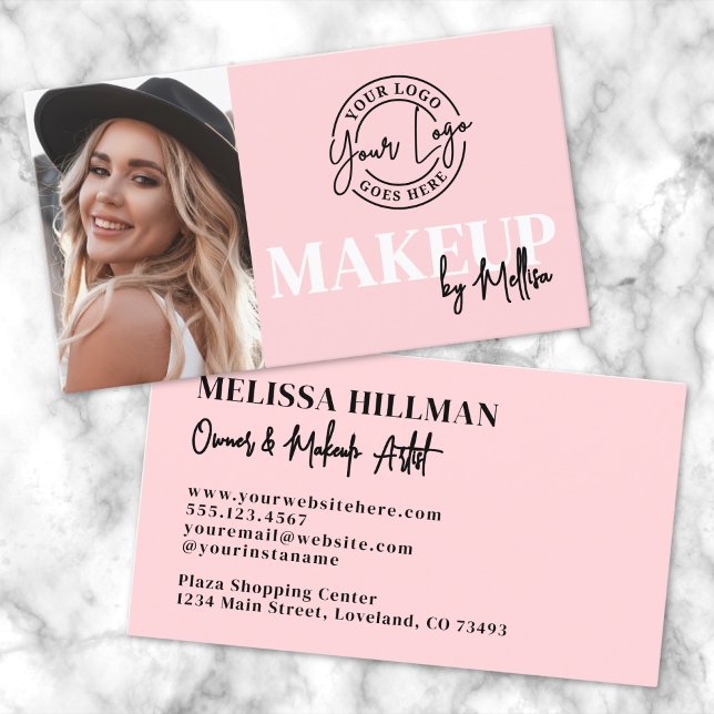 Carte De Visite Pink Black Photo Logo Makeup (Pink Black Script Photo Logo Makeup Business Card )