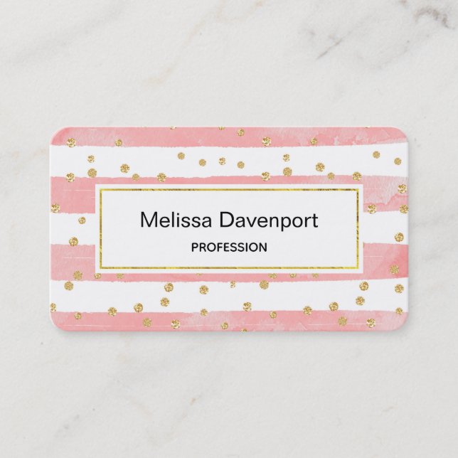Carte De Visite Pink Blush Stripes with Faux Gold Confeti (Devant)