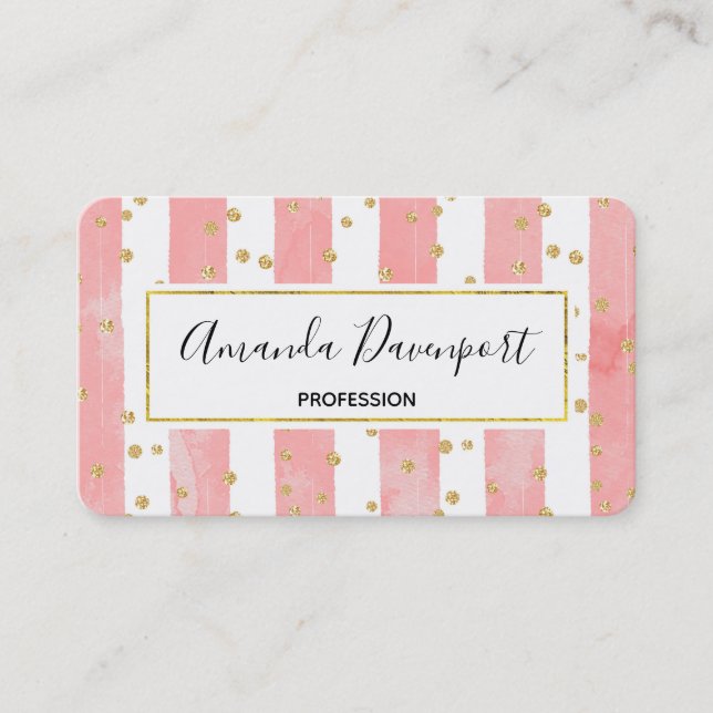 Carte De Visite Pink Blush Stripes with Faux Gold Confeti (Devant)