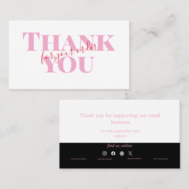 Carte De Visite Pink Bold Thank You Card Social Media Small Busine (Devant / Derrière)