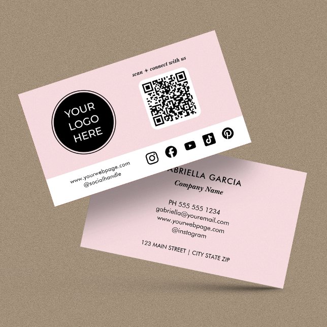 Carte De Visite Pink Custom Social Media QR Code Logo (Card is shown in 3.5 x 2 inches with square corners. Personalize, choose size, paper style + corner.)