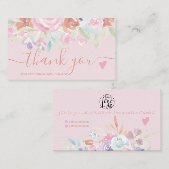 Carte De Visite Pink douce pastel floral aquarelle ordre merci (Devant / Derrière)