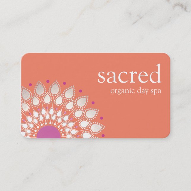 Carte De Visite Pink et Orange Silver Lotus Flower Mandala (Devant)