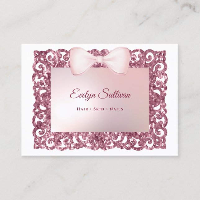 Carte De Visite Pink glitter frame bow business card (Devant)
