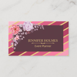 Carte De Visite Pink Gold Diagonal Stripes Floral Event Planner
