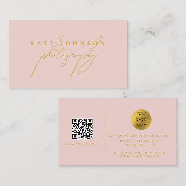 Carte De Visite Pink Gold Signature Script QR Code Médias sociaux (Devant / Derrière)
