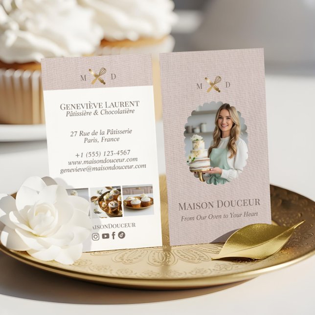 Carte De Visite Pink Linen Elegant Chic Bakery Gold Whisk Photo  (Pink Linen Elegant Chic Bakery Gold Whisk Photo Business Card)