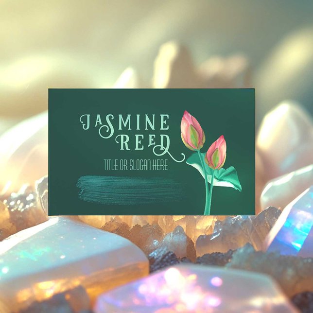 Carte De Visite Pink Lotus Flower Bud pour massothérapeute Green (If you run a Wellness Business, this hand painted lotus flower business card is for you!)