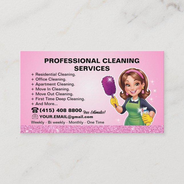 Carte De Visite Pink Maid Janitorial Lady House Cleaning Service (Devant)