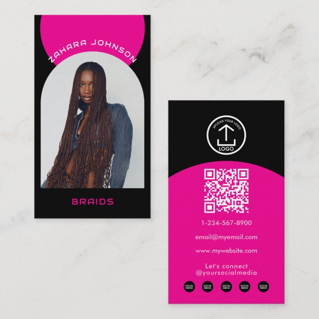 Carte De Visite Pink Modern Makeup Hair Arch Photo QR Code Logo (Devant / Derrière)