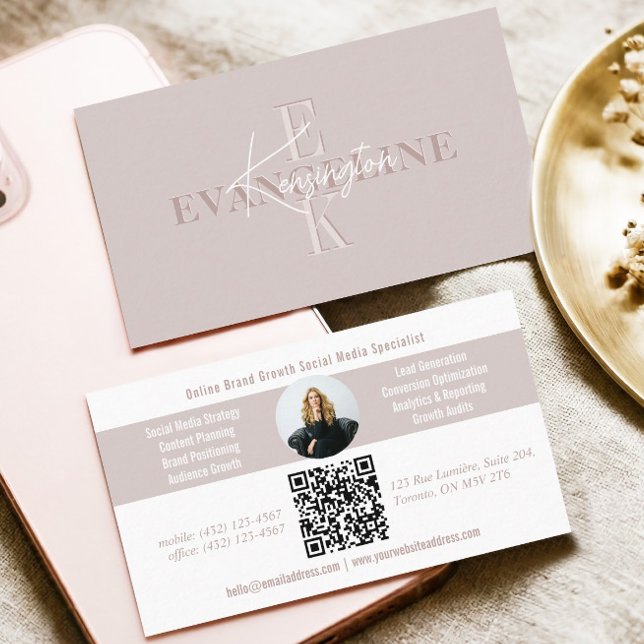 Carte De Visite Pink Modern Minimal Monogram Script Photo QR Code (Pink Modern Minimal Monogram Script Photo QR Code Business Card)