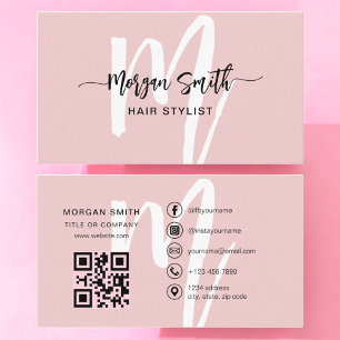 Carte De Visite Pink Modern Script QR Code Nom du monogramme