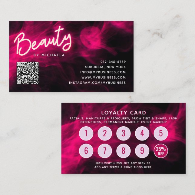 Carte De Visite Pink Neon & Smoke Lash Salon QR Code Loyalty Card (Devant / Derrière)