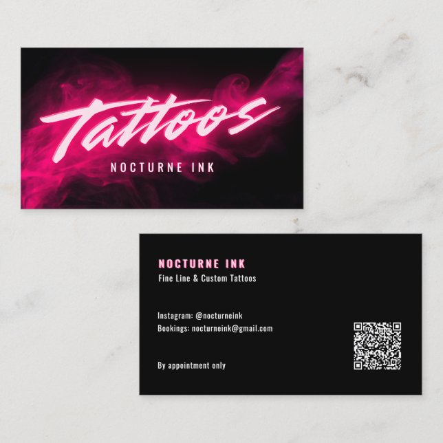 Carte De Visite Pink Neon & Smoke Tattoo Artist QR Code (Devant / Derrière)
