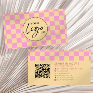 Carte De Visite Pink Orange À damiers Custom Company Logo QR Code