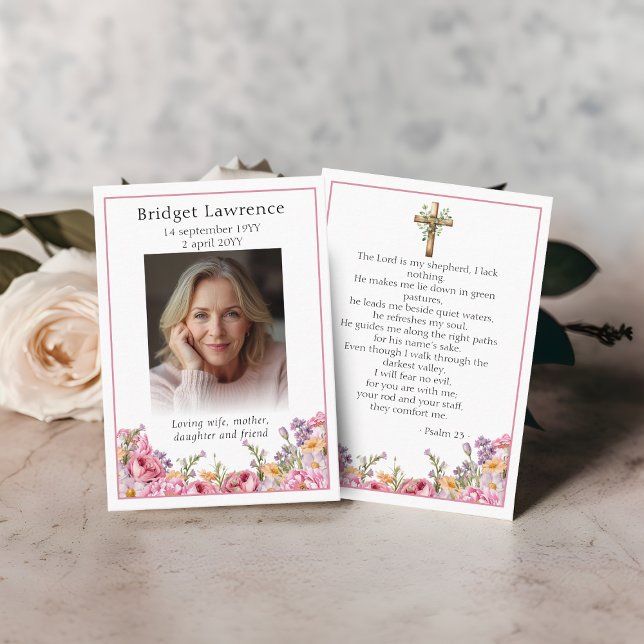 Carte De Visite Pink Peonies Memorial Photo Psalm 23 Prayer Card (Créateur téléchargé)