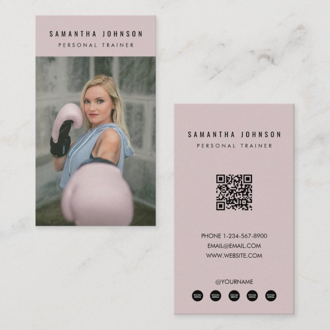 Carte De Visite Pink Personal Girl Trainer Fitness Photo QR Code (Devant / Derrière)