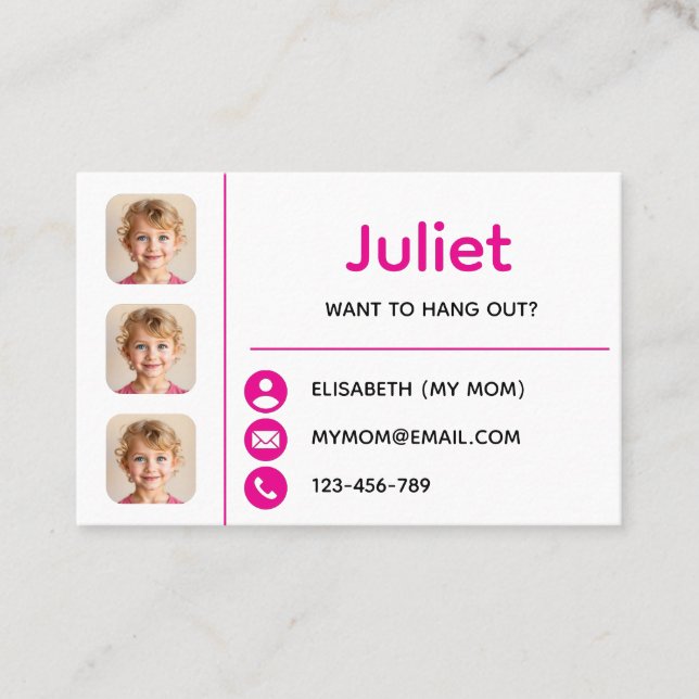Carte De Visite Pink Photo Kids Playdate Card (Devant)