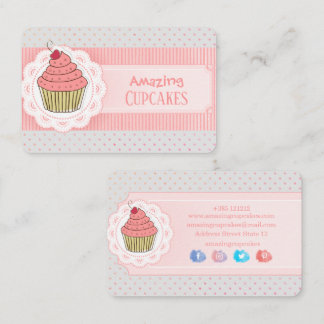 Carte De Visite Pink Polka Dots Stripes Cupcake