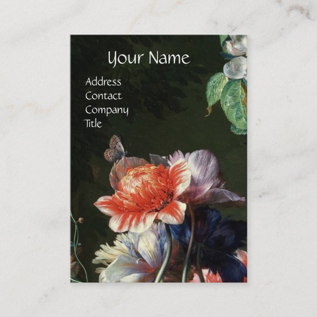 CARTE DE VISITE PINK RED ANEMONES WHITE FLOWERS, BUTTERFLY MONOGRA (Devant)