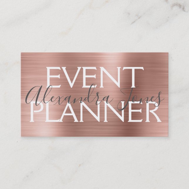 Carte De Visite Pink & Rose Gold brossé Metal Event Planner (Devant)
