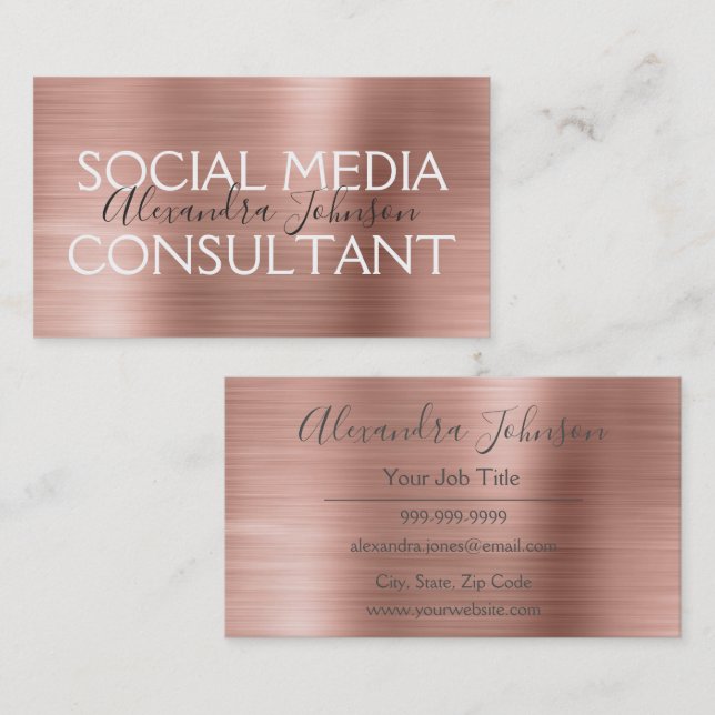 Carte De Visite Pink & Rose Gold Social Media Consultant (Devant / Derrière)