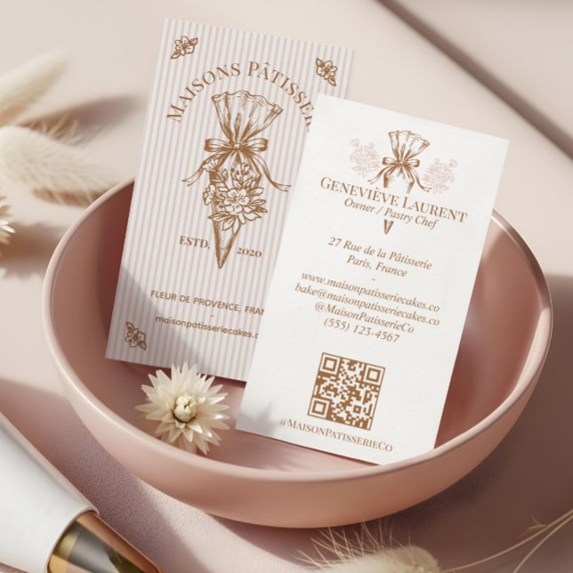 Carte De Visite Pink Stripe Floral Baking Pastry Piping Bag Bakery (Pink Stripe Floral Baking Pastry Piping Bag Bakery Business Card)