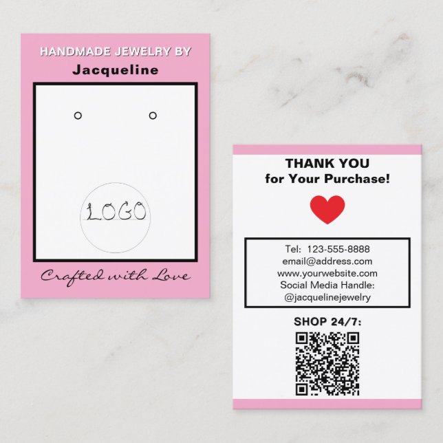 Carte De Visite Pink White Jewelry Earrings Logo QR Code (Devant / Derrière)