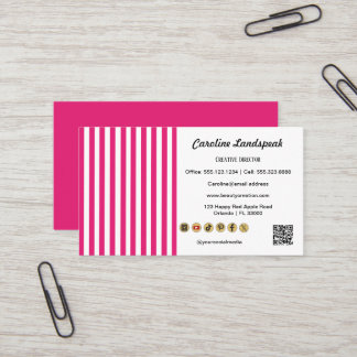 Carte De Visite Pink White Stripes, QR Code & Social Media Icon