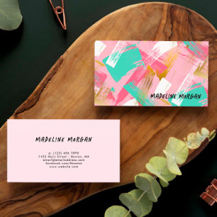 Carte De Visite Pintes roses Faux Gold Brush Strokes Abstrait