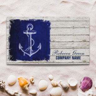 Carte De Visite plage chic bois nautique marine bleu ancre