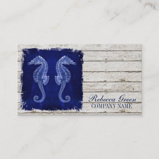 Carte De Visite plage chic dérive bois nautique bleu seahorse (Devant)